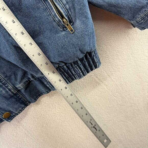 Vintage Navy Denim Bomber Jacket Mens Large Blue Cropped Boxy Elastic Collar 90s - Picture 3 of 9